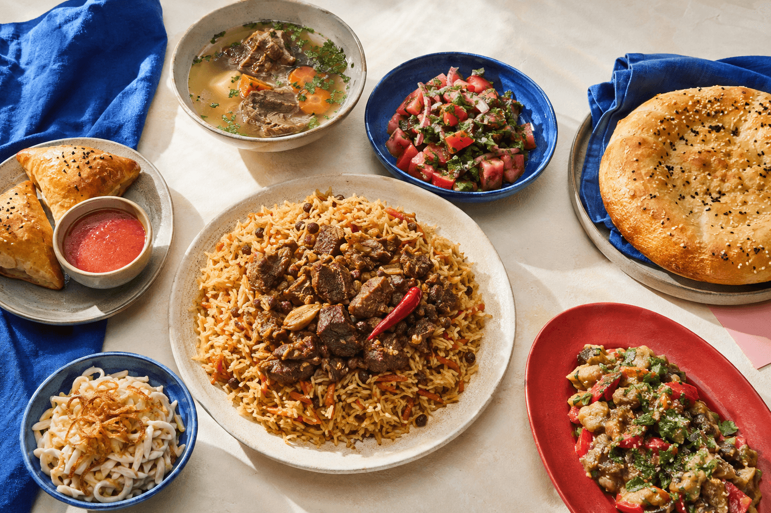 A kazan of Uzbek plov with lamb, carrots and chickpeas