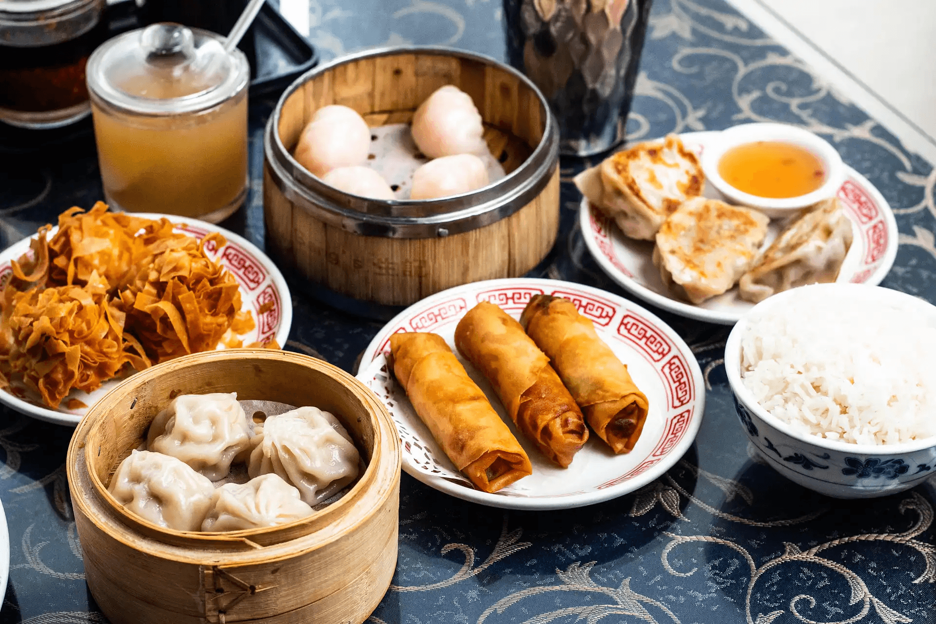 A table covered in dim sum plates at Sang's